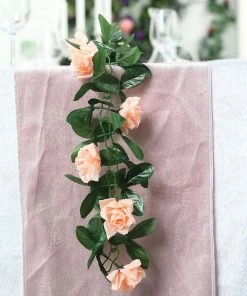 Silkflowersfactory Silk Rose Garland Artificial Flowers - Peach - 6 Ft Garlands