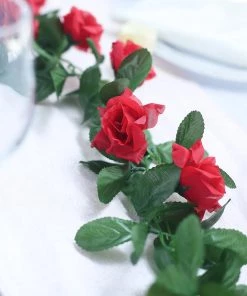 Silkflowersfactory Silk Rose Garland Artificial Flowers - Red - 6 Ft