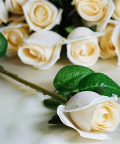 Silkflowersfactory Long Stem Roses Long Stem Rose Bud Artificial Silk Flowers - Cream