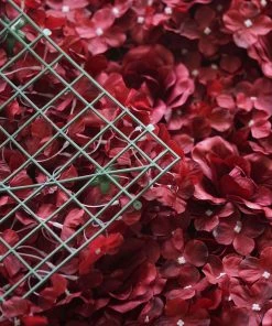 HIER_1910 Pack Of 4 - 11 Sq Ft. UV Protected 3D Burgundy Silk Rose Hydrangea Flower Wall Mat Panel