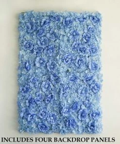 HIER_1910 Pack Of 4 - 11 Sq Ft. UV Protected 3D Blue Silk Rose & Hydrangea Flower Wall Mat Panel