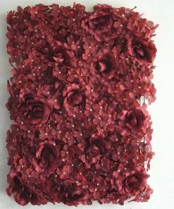 HIER_1910 Pack Of 4 - 11 Sq Ft. UV Protected 3D Burgundy Silk Rose Hydrangea Flower Wall Mat Panel