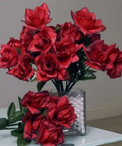 Silkflowersfactory Small Open Rose Bush Artificial Silk Flowers - Black / Red Roses