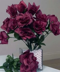 Silkflowersfactory Small Open Rose Bush Artificial Silk Flowers - Burgundy Roses