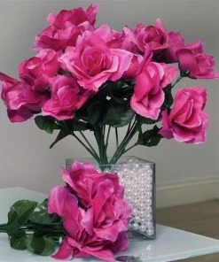 Silkflowersfactory Roses Small Open Rose Bush Artificial Silk Flowers - Fuchsia