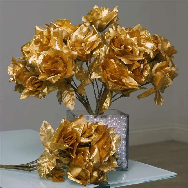 Silkflowersfactory Small Open Rose Bush Artificial Silk Flowers - Gold 3 Silkflowersfactory Small Open Rose Bush Artificial Silk Flowers - Gold