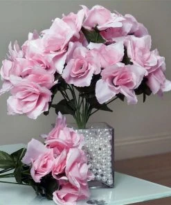 Silkflowersfactory Small Open Rose Bush Artificial Silk Flowers - Pink Roses