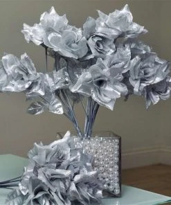 Silkflowersfactory Roses Small Open Rose Bush Artificial Silk Flowers - Silver