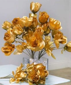 Silkflowersfactory Roses Small Rose Buds Artificial Silk Flowers - Gold