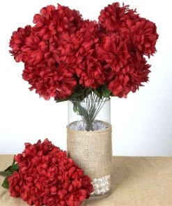 Silkflowersfactory Large Chrysanthemum Bush Artificial Silk Flowers - Burgundy Chrysanthemums