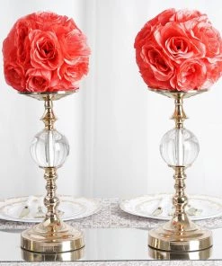 HIER_1500 2 Pack | 7" Coral Flower Ball Silk Rose Pomander Kissing Ball Kissing Balls