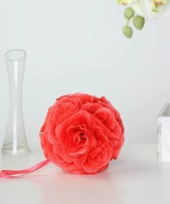 HIER_1500 2 Pack | 7" Coral Flower Ball Silk Rose Pomander Kissing Ball Kissing Balls