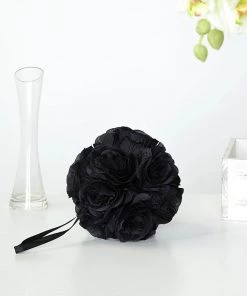 HIER_1500 Kissing Balls 2 Pack | 7" Black Flower Ball Silk Rose Pomander Kissing Ball