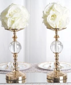 HIER_1500 2 Pack | 7" Cream Flower Ball Silk Rose Pomander Kissing Ball Kissing Balls