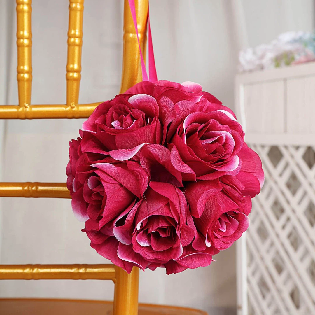 HIER_1500 Kissing Balls 2 Pack | 7" Fuchsia Flower Ball Silk Rose Pomander Kissing Ball 16 HIER_1500 Kissing Balls 2 Pack | 7" Fuchsia Flower Ball Silk Rose Pomander Kissing Ball