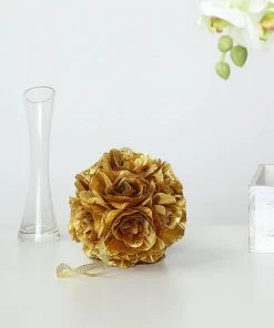 HIER_1500 2 Pack | 7" Gold Flower Ball Silk Rose Pomander Kissing Ball Kissing Balls