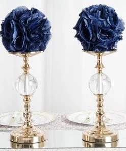 HIER_1500 2 Pack | 7" Navy Blue Flower Ball Silk Rose Pomander Kissing Ball