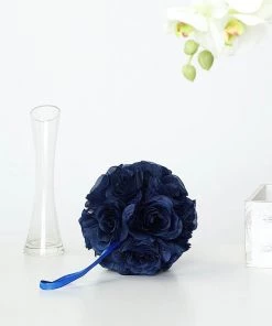 HIER_1500 2 Pack | 7" Navy Blue Flower Ball Silk Rose Pomander Kissing Ball
