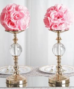 HIER_1500 2 Pack | 7" Pink Flower Ball Silk Rose Pomander Kissing Ball