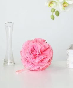 HIER_1500 2 Pack | 7" Pink Flower Ball Silk Rose Pomander Kissing Ball