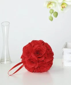 HIER_1500 2 Pack | 7" Red Flower Ball Silk Rose Pomander Kissing Ball Kissing Balls