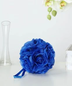 HIER_1500 2 Pack | 7" Royal Blue Flower Ball Silk Rose Pomander Kissing Ball Kissing Balls