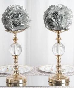 HIER_1500 2 Pack | 7" Silver Flower Ball Silk Rose Pomander Kissing Ball Kissing Balls