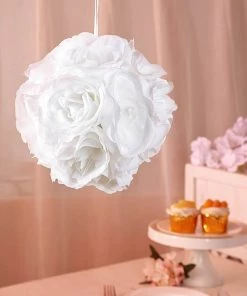 HIER_1500 2 Pack | 7" White Flower Ball Silk Rose Pomander Kissing Ball Kissing Balls 24 HIER_1500 2 Pack | 7