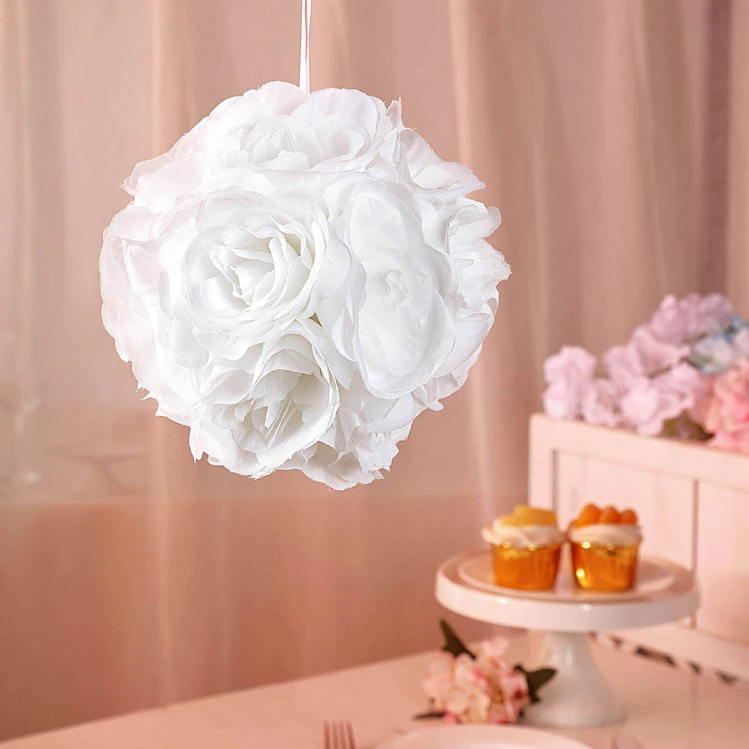 HIER_1500 2 Pack | 7" White Flower Ball Silk Rose Pomander Kissing Ball Kissing Balls 8 HIER_1500 2 Pack | 7" White Flower Ball Silk Rose Pomander Kissing Ball Kissing Balls
