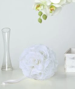 HIER_1500 2 Pack | 7" White Flower Ball Silk Rose Pomander Kissing Ball Kissing Balls