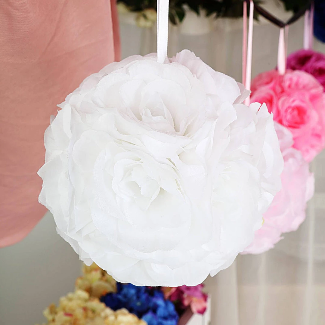HIER_1500 2 Pack | 7" White Flower Ball Silk Rose Pomander Kissing Ball Kissing Balls 15 HIER_1500 2 Pack | 7" White Flower Ball Silk Rose Pomander Kissing Ball Kissing Balls
