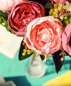 Silkflowersfactory Artificial Flowers 2 Bushes | 14 Pcs Dusty Rose Blush | Rose Gold Peony Artificial Silk Peonies Bouquet