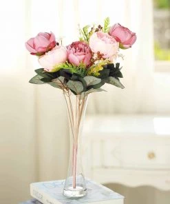 Silkflowersfactory Artificial Flowers 2 Bushes | 14 Pcs Dusty Rose Blush | Rose Gold Peony Artificial Silk Peonies Bouquet