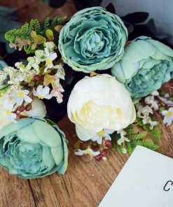 Silkflowersfactory 2 Bushes | 14 Pcs Aqua And Cream Peony Artificial Silk Peonies Bouquet Artificial Flowers