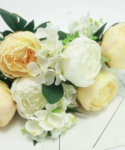 Silkflowersfactory 2 Bushes Light Yellow/White Peony And Hydrangea Artificial Silk Flower Bouquets Artificial Flowers