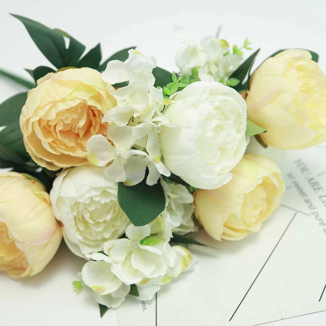 Silkflowersfactory 2 Bushes Light Yellow/White Peony And Hydrangea Artificial Silk Flower Bouquets Artificial Flowers 3 Silkflowersfactory 2 Bushes Light Yellow/White Peony And Hydrangea Artificial Silk Flower Bouquets Artificial Flowers