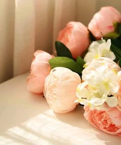 Silkflowersfactory 2 Bushes Light Blush | Rose Gold Peony And Hydrangea Artificial Silk Flower Bouquets