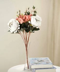 Silkflowersfactory 2 Bush Ivory Peony, Rose Bud And Hydrangea Real Touch Artificial Silk Flower Bouquets