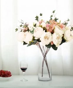 Silkflowersfactory 2 Bush Ivory Peony, Rose Bud And Hydrangea Real Touch Artificial Silk Flower Bouquets