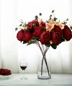 Silkflowersfactory 2 Bush Burgundy Peony, Rose Bud And Hydrangea Real Touch Artificial Silk Peonies Bouquet