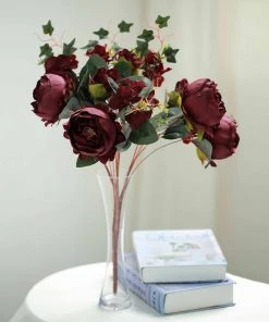 Silkflowersfactory 2 Bush Burgundy Peony, Rose Bud And Hydrangea Real Touch Artificial Silk Peonies Bouquet 15 Silkflowersfactory 2 Bush Burgundy Peony, Rose Bud And Hydrangea Real Touch Artificial Silk Peonies Bouquet