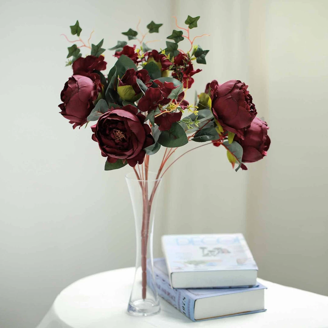 Silkflowersfactory 2 Bush Burgundy Peony, Rose Bud And Hydrangea Real Touch Artificial Silk Peonies Bouquet 5 Silkflowersfactory 2 Bush Burgundy Peony, Rose Bud And Hydrangea Real Touch Artificial Silk Peonies Bouquet