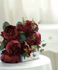 Silkflowersfactory 2 Bush Burgundy Peony, Rose Bud And Hydrangea Real Touch Artificial Silk Peonies Bouquet