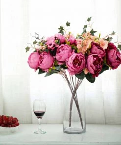 Silkflowersfactory 2 Bush Fushia | Purple Peony, Rose Bud And Hydrangea Real Touch Artificial Silk Flower Bouquets Artificial Flowers