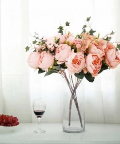 Silkflowersfactory 2 Bush Blush | Rose Gold Peony, Rose Bud And Hydrangea Real Touch Artificial Silk Peonies Bouquet Artificial Flowers