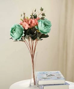 Silkflowersfactory 2 Bush Turquoise Peony Rose Bud And Hydrangea Real Touch Artificial Silk Peonies Bouquet Artificial Flowers