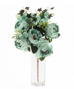Silkflowersfactory 2 Bush Turquoise Peony Rose Bud And Hydrangea Real Touch Artificial Silk Peonies Bouquet Artificial Flowers