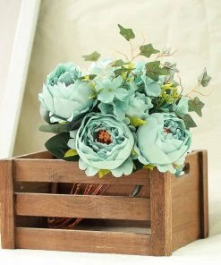 Silkflowersfactory 2 Bush Turquoise Peony Rose Bud And Hydrangea Real Touch Artificial Silk Peonies Bouquet Artificial Flowers