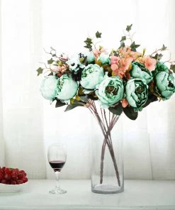 Silkflowersfactory 2 Bush Turquoise Peony Rose Bud And Hydrangea Real Touch Artificial Silk Peonies Bouquet Artificial Flowers
