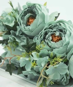 Silkflowersfactory 2 Bush Turquoise Peony Rose Bud And Hydrangea Real Touch Artificial Silk Peonies Bouquet Artificial Flowers